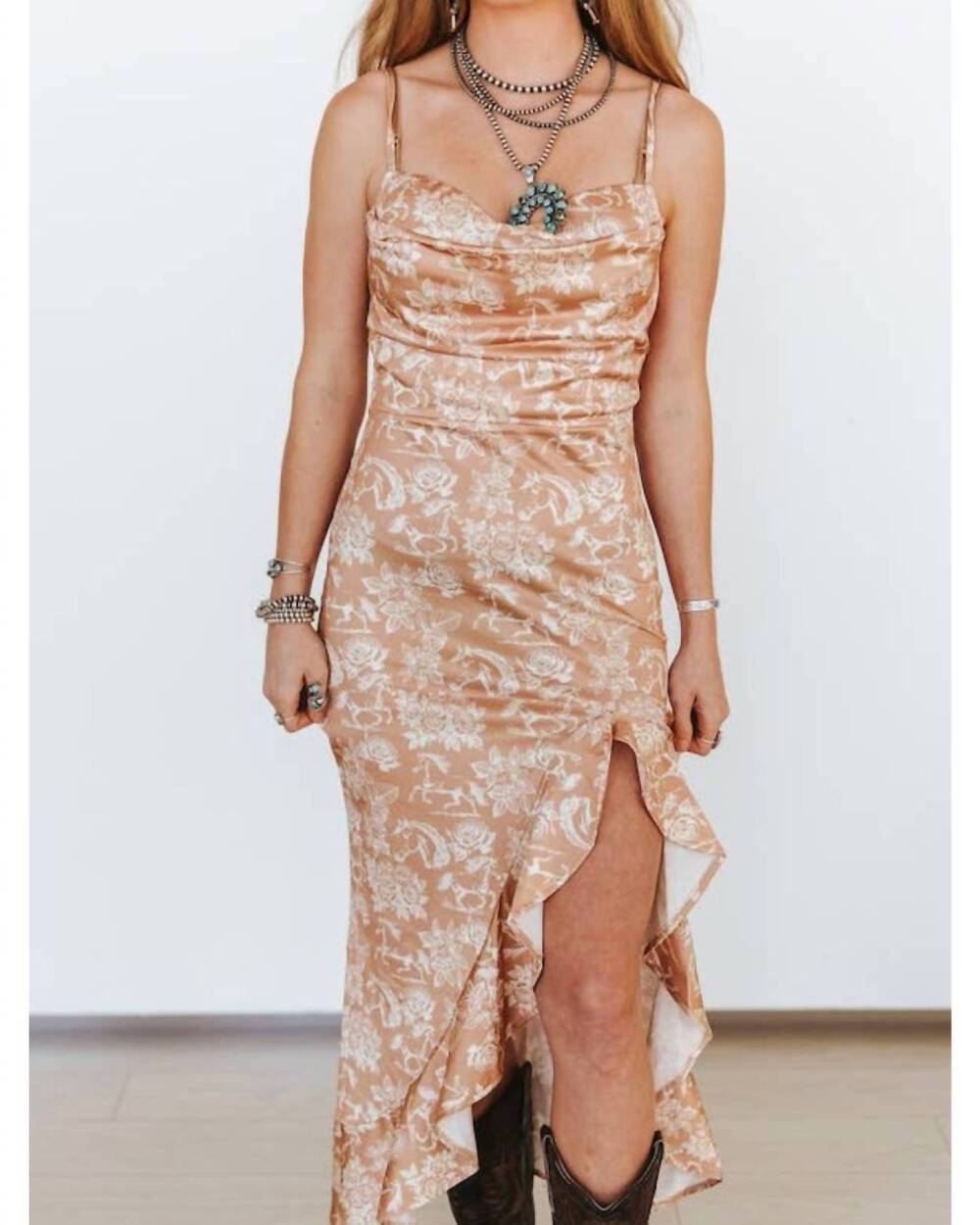 NEW LUCKY & BLESSED floral horse print midi dress with front slit in beige